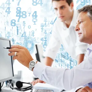 Men looking at a monitor with numbers in the background to reflect the managed it services and how it helps CPA firms and wealth management companies.